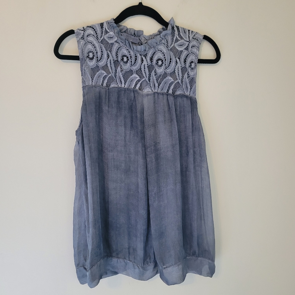 H Trend Blue Silk Lace Sleeveless Made in Italy Top